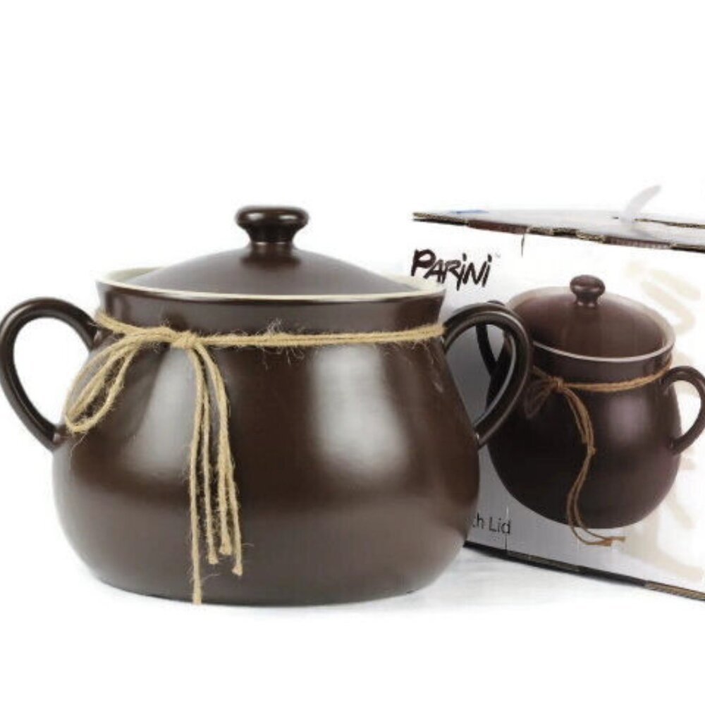 Parini Dark Brown Ceramic Handled Chili Pot w/ Lid 5 Quart